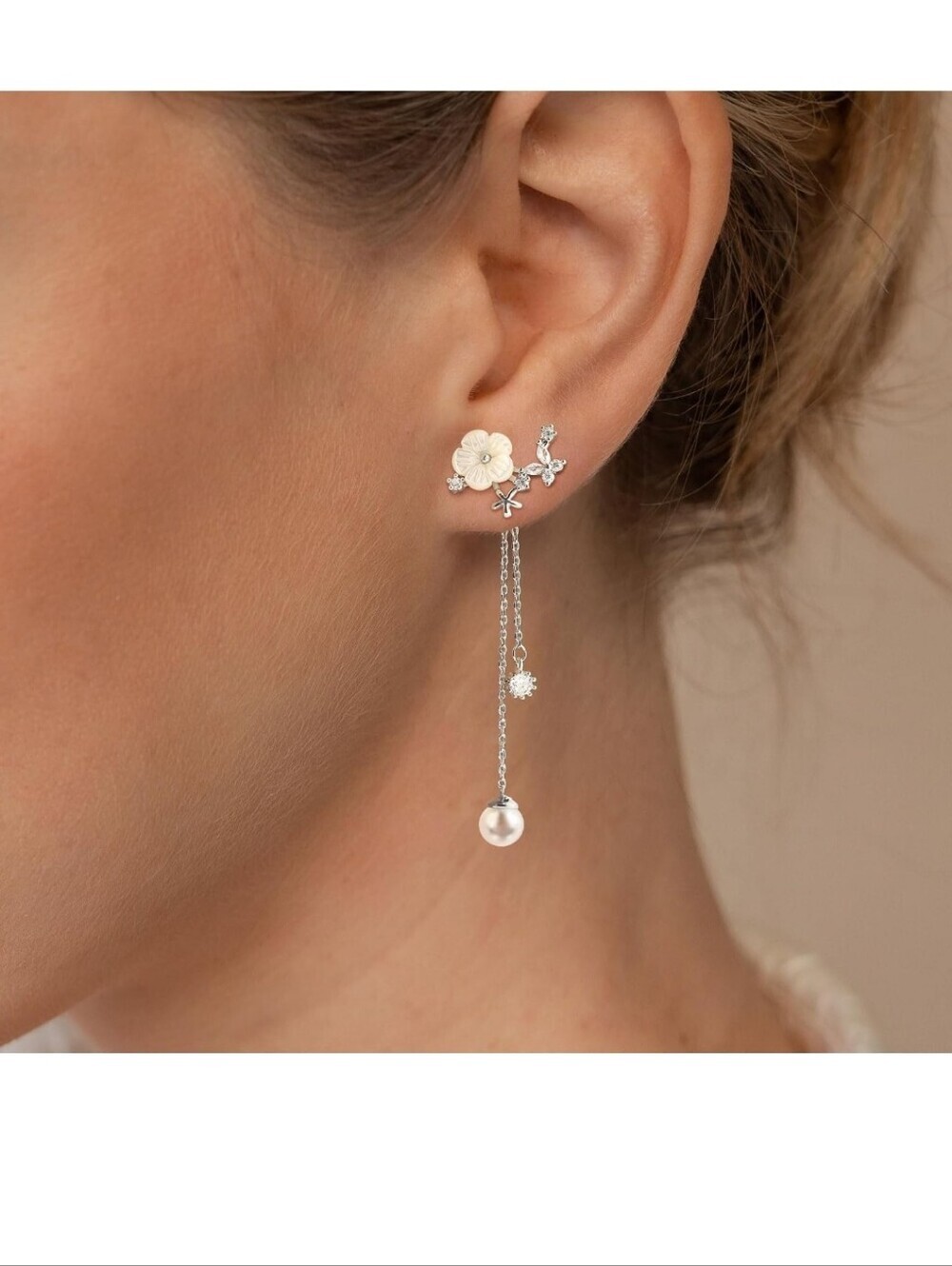 Silver Floral Pearl Drop Earrings - Elegant White Flower Design